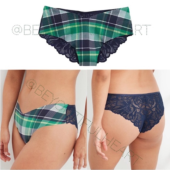Aerie No Show Holiday Cheeky Panty in Silky Green/Blue Plaid w/ Lace Back, Small - Picture 1 of 16